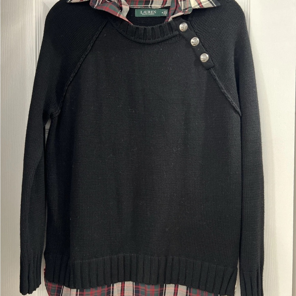 Ralph Lauren Womens Black Red Plaid Accent Tie Collar Sweater